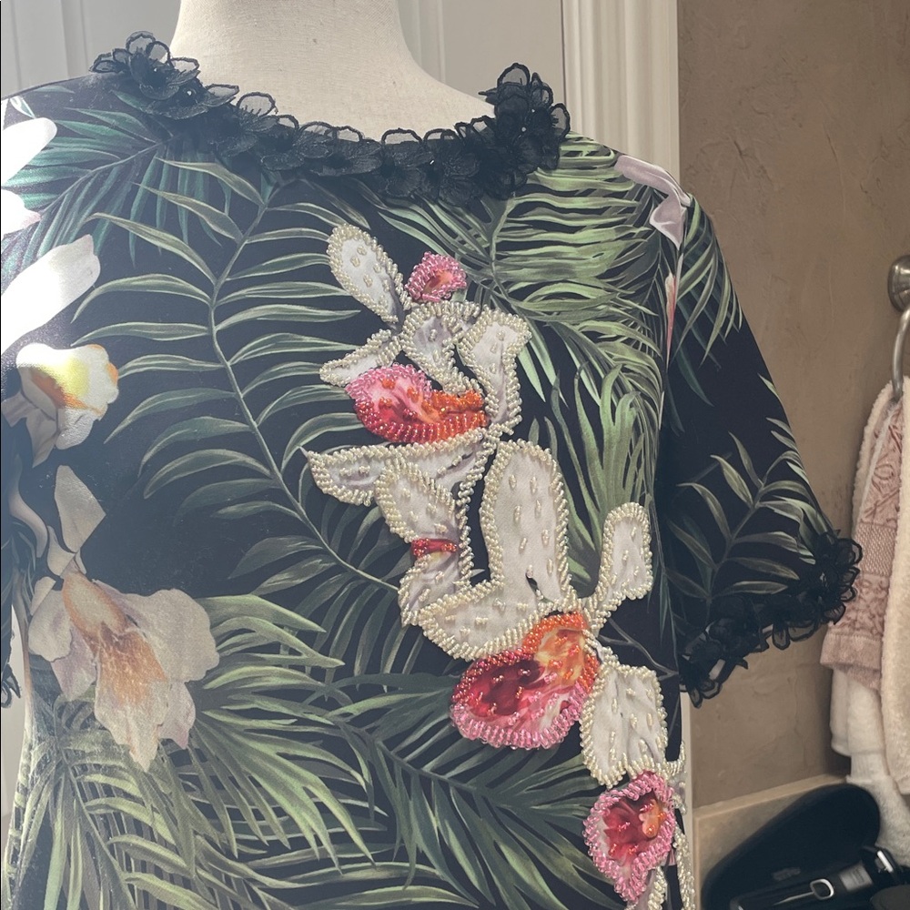 Tropical Floral Embroidered Shift Dress - Black with Green & Pink - Picture 3 of 15